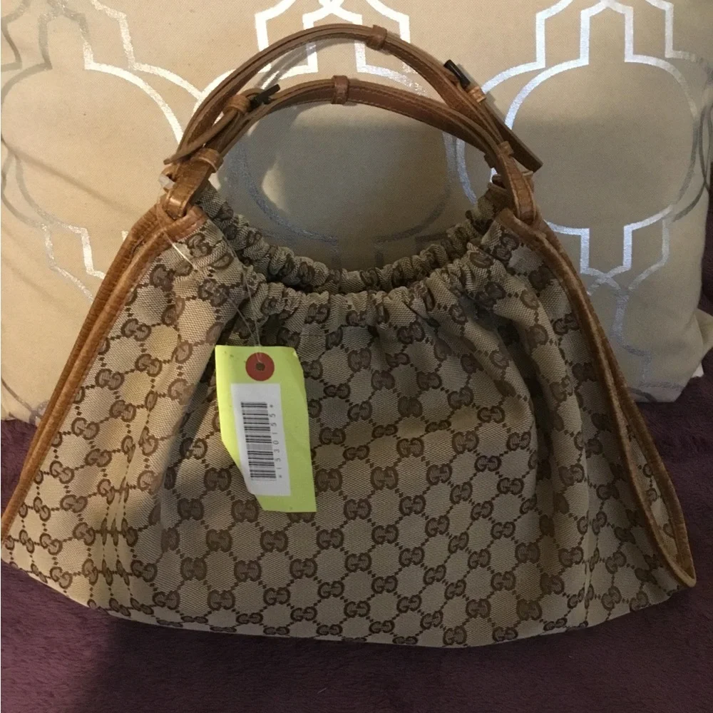 Vintage Authentic GG Pattern Leather Trim Large Gucci Tote Bag - Picture 2 of 15